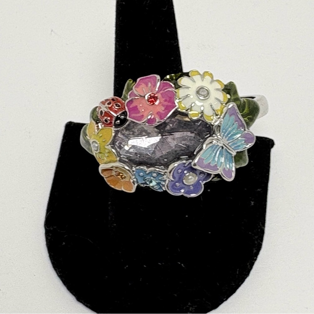 Vintage Avon Enamel Double Ring with Multicolor Accents and Purple Stone - Picture 2 of 10